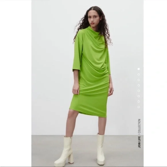 Zara flattering lime green shoulder drape ruched midi dress